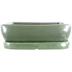 Bonsaischale Mit Untersetzer 24.5x19.5x8cm Grün Rechteckig Glasiert