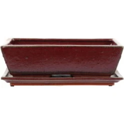 Bonsaischale Mit Untersetzer 27.5x17.5x8cm Rot Rechteckig Glasiert