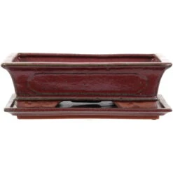 Bonsaischale Mit Untersetzer 28x18x8cm Rot Rechteckig Glasiert
