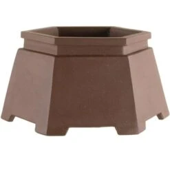 Bonsaischale 11x11x6.5cm Handarbeit Braun Sechseckig Unglasiert