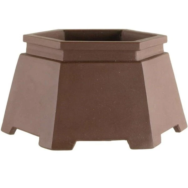 Bonsaischale 11x11x6.5cm Handarbeit Braun Sechseckig Unglasiert